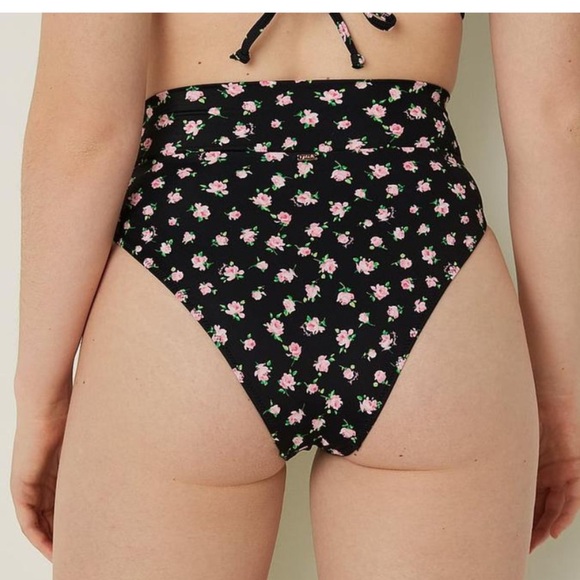 VS PINK V Crossover High-Waist Bikini Bottom Pure Black FLoral - Picture 3 of 11